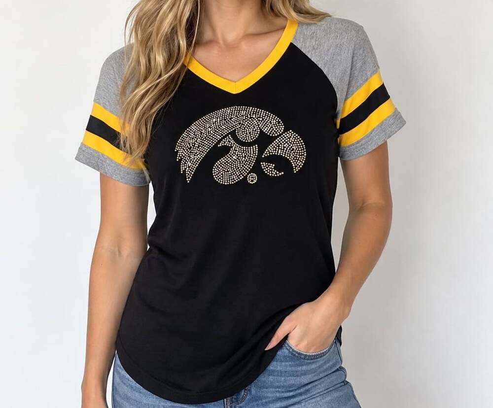 Iowa Hawkeyes Women’s Small Rhinestone Tee Black Gold Raglan Y2K McBling